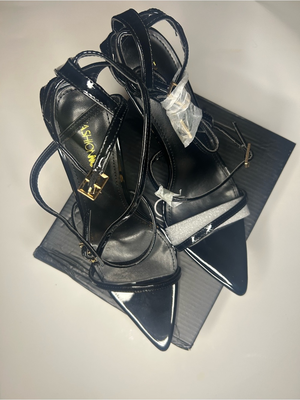 Fashion Nova Black Patent Pointed Toe Lace-Up Heels